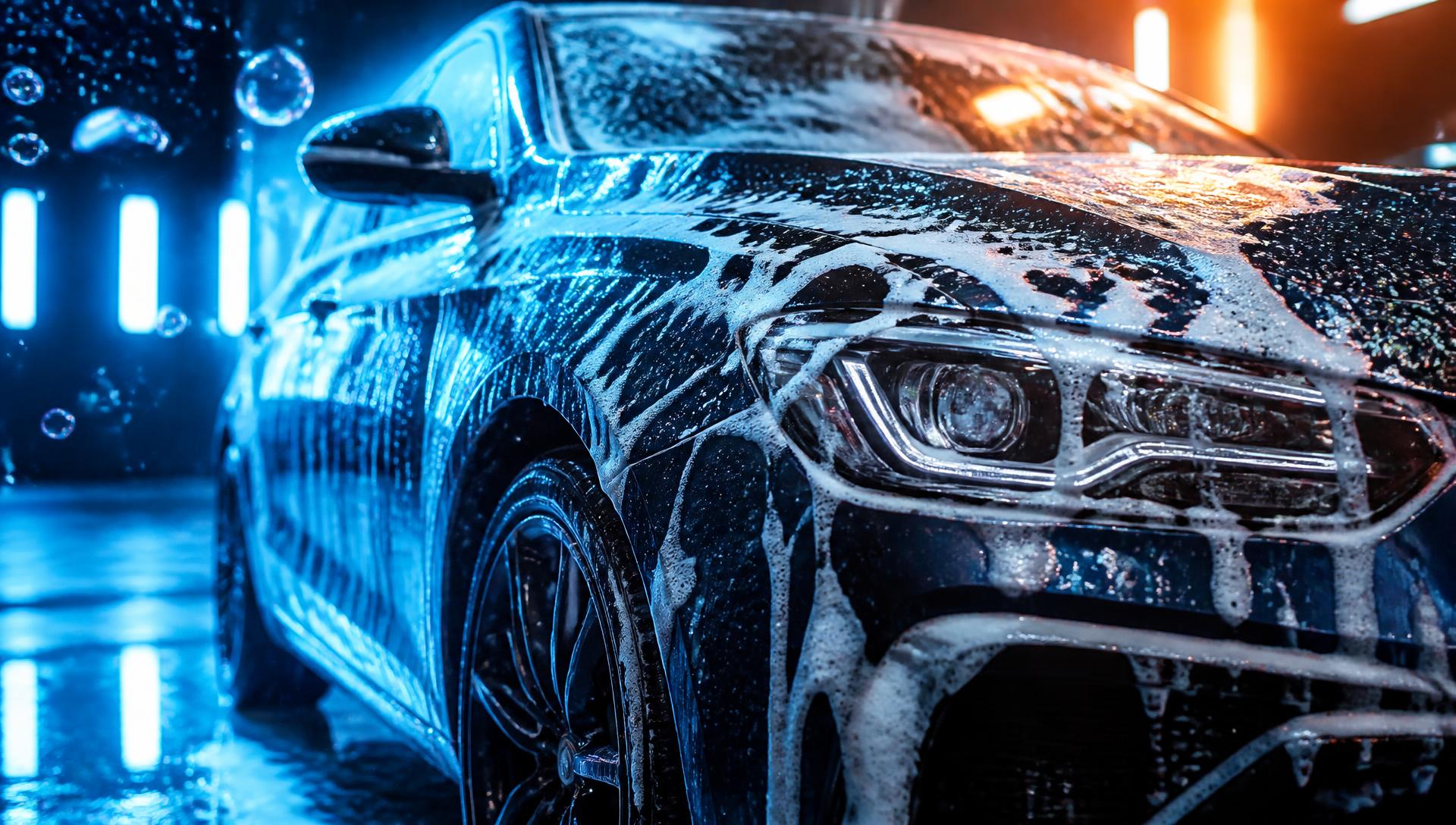 Auto con espuma de lavado y luces azules y naranjas